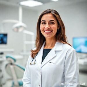 صورة احترافية للدكتورة ريم شهاب تبتسم في عيادتها الحديثة بالقنفذة، مما يعكس الثقة والرعاية المتميزة للأسنان.