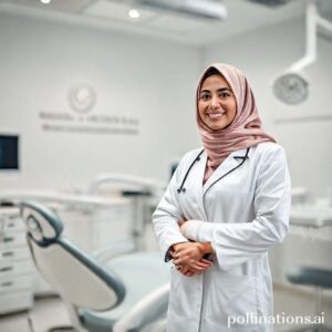 دكتورة أسنان سعودية، د. ريم شهاب، تبتسم بثقة في عيادتها الحديثة، تعبر عن الكفاءة والراحة للمرضى.