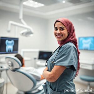 د. ريم شهاب تبتسم بثقة وهي تستعرض خطة علاج أسنان مع مريض في عيادتها الحديثة بحفر الباطن، مع إظهار أحدث التقنيات الطبية.