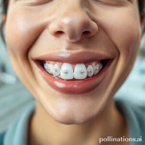 صورة مقربة لأسنان مريض يرتدي التقويم المتصل (اللساني) المخفي، تظهر الابتسامة الطبيعية والحلول الجمالية المتقدمة لتقويم الأسنان في عيادة د. ريم شهاب بالقنفذة.