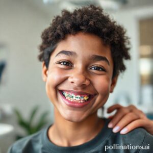 شاب يبتسم بابتسامة مشرقة ويظهر تقويم أسنان ملون في عيادة د. ريم شهاب بالقنفذة