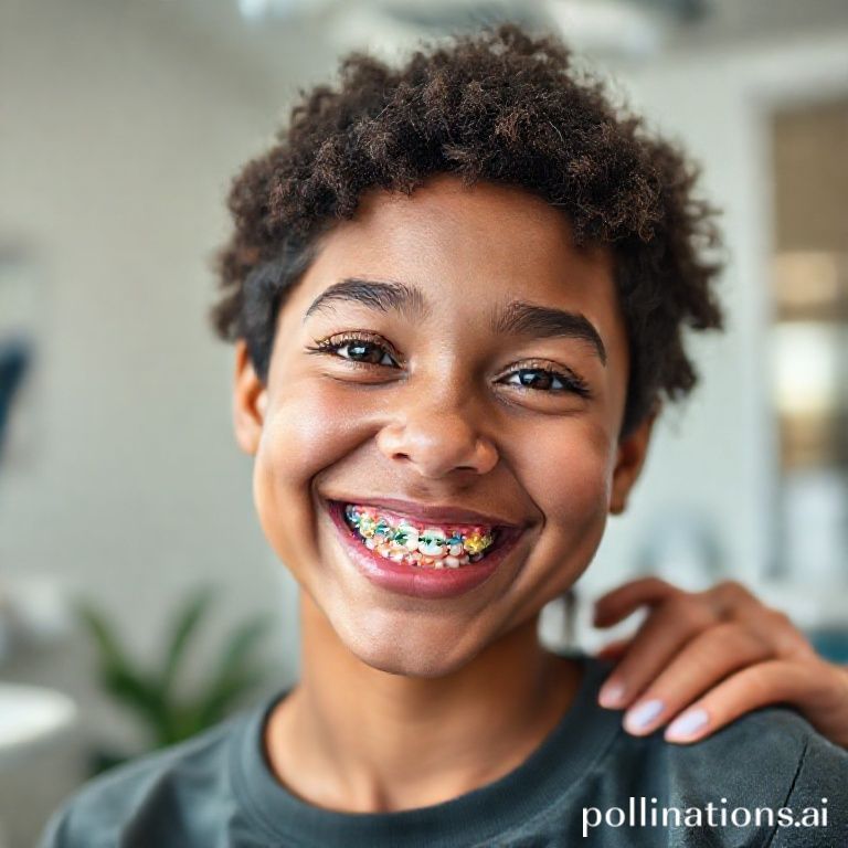 شاب يبتسم بابتسامة مشرقة ويظهر تقويم أسنان ملون في عيادة د. ريم شهاب بالقنفذة