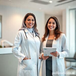 الدكتورة ريم شهاب تستقبل مريضة مبتسمة في عيادتها الحديثة بالدمام.