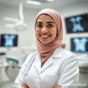 صورة احترافية للدكتورة ريم شهاب، أخصائية أسنان سعودية، تبتسم بثقة في عيادتها الحديثة والنظيفة.