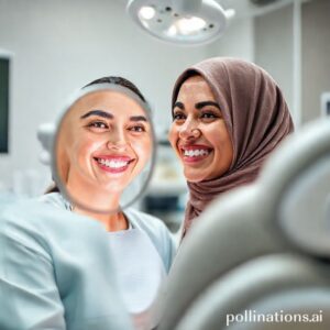 د. ريم شهاب تشرح لمريضة سعيدة حول جمال ابتسامتها الجديدة في عيادتها بالقنفذة.