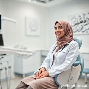 دكتورة ريم شهاب تبتسم لمريضة في عيادة أسنان حديثة بالمدينة المنورة