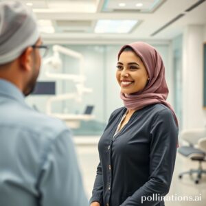 استقبال مستشفى أسنان حديث في الدمام مع موظفة استقبال مبتسمة وتجهيزات متطورة.