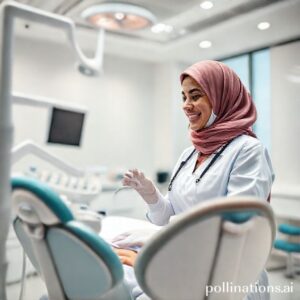 دكتورة أسنان سعودية تبتسم بثقة في عيادة أسنان حديثة بالدمام