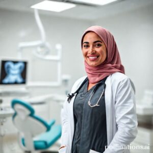 د. ريم شهاب تبتسم في عيادتها الحديثة، تعكس الثقة والخبرة في طب الأسنان وتقديم أفضل رعاية للمرضى.