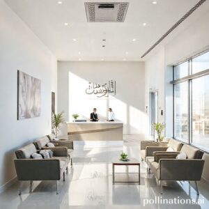 صورة لمدخل عيادة أسنان حديثة ومشرقة في الدمام، السعودية، تظهر الراحة والنظافة مع لمسات تصميم معاصرة وفريق عمل محترف يرحب بالزوار.