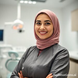 الدكتورة ريم شهاب في عيادتها المتطورة، تبتسم بثقة وهي تستعرض جودة الخدمات المقدمة في زراعة الأسنان.