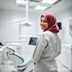 الدكتورة ريم شهاب تبتسم في عيادتها الحديثة، رمز للثقة والخبرة في طب الأسنان بجدة.