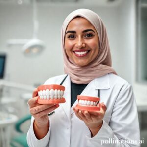 دكتورة ريم شهاب مبتسمة في عيادتها، تعرض نموذج لأسنان مرتبة، رمزاً لخدمات تقويم الأسنان المتخصصة في القنفذة.