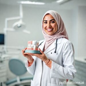 صورة لدكتورة ريم شهاب تبتسم في عيادتها مع نموذج لزراعة الأسنان، تعكس الاحترافية والثقة.