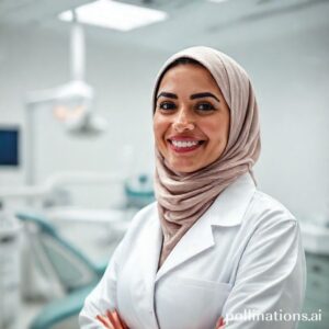 الدكتورة ريم شهاب، أفضل دكتورة أسنان في جدة، تبتسم بثقة في عيادتها الحديثة.