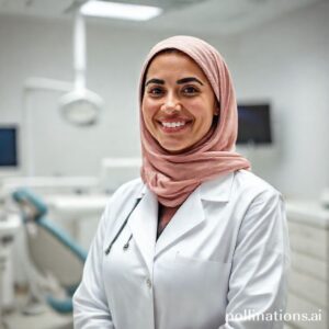 صورة د. ريم شهاب تبتسم بثقة في عيادتها الحديثة، مع أجهزة أسنان متطورة في الخلفية