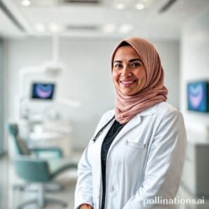 د. ريم شهاب تبتسم في عيادتها الحديثة بالدمام، مستعدة لتقديم أفضل رعاية للأسنان