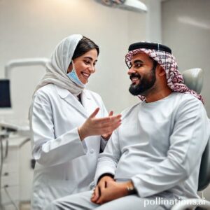 د. ريم شهاب تشرح للمريض كيفية علاج ألم الضرس المثقوب والعناية بالأسنان في عيادتها بالقنفذة، حي العليا