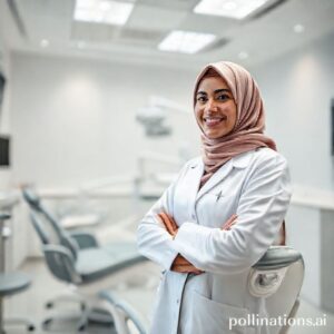 د. ريم شهاب ترحب بالمرضى في عيادتها الحديثة، تظهر الابتسامة والاحترافية في بيئة طب أسنان نظيفة ومريحة.