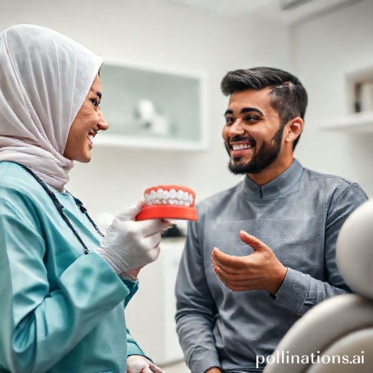 د. ريم شهاب تشرح نموذج تقويم الأسنان المتصل لمريض في عيادتها بالقنفذة