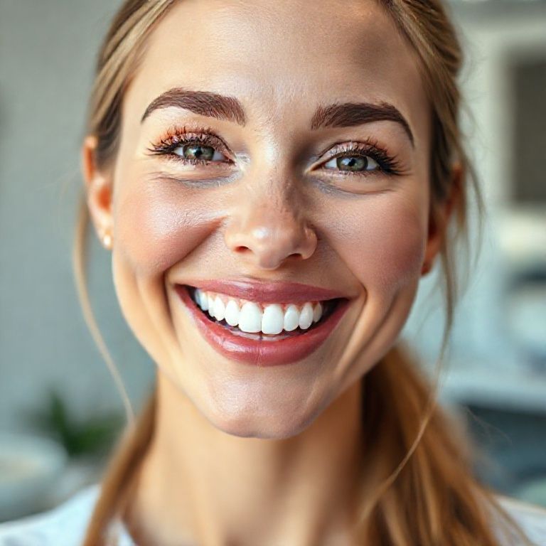 امرأة تبتسم بابتسامة هوليود مثالية في عيادة أسنان حديثة بالدمام