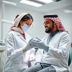 دكتورة أسنان تشرح خطة علاج لقلع الأسنان لمريض في عيادة حديثة بالدمام