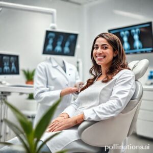 د. ريم شهاب تبتسم لمريضة في عيادة أسنان حديثة بالدمام، تُظهر احترافية وجودة الرعاية السنية.