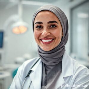 د. ريم شهاب تبتسم بثقة في عيادتها المتطورة لزراعة الأسنان بالمدينة المنورة.