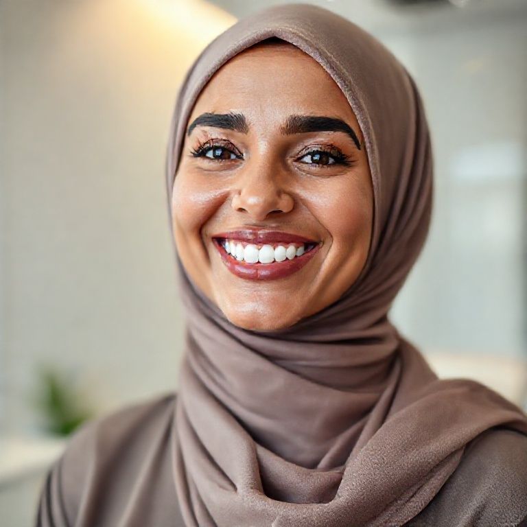 امرأة سعودية تبتسم بابتسامة هوليود المتحركة في عيادة د. ريم شهاب بالدمام، تظهر أسنان بيضاء ومرتبة بشكل طبيعي وجذاب.