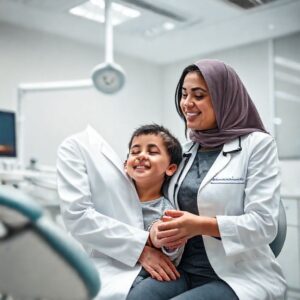 د. ريم شهاب تطمئن مريضاً في عيادة أسنان حديثة بالدمام تقدم خدمات الطوارئ 24 ساعة.