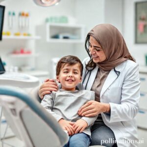 طبيبة أسنان سعودية (د. ريم شهاب) تهتم بطفل يعاني من ألم في أسنانه في عيادة أسنان حديثة.