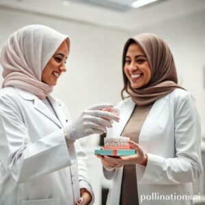 د. ريم شهاب تشرح تركيب جسر الأسنان لعميلة في عيادتها بالقنفذة