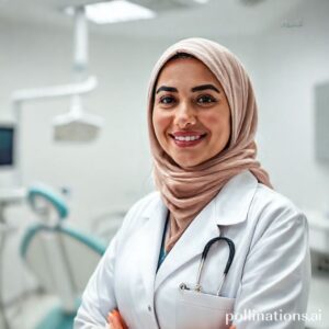 د. ريم شهاب تبتسم في عيادتها الحديثة، تجسد الخبرة والرعاية لمرضى الأسنان.