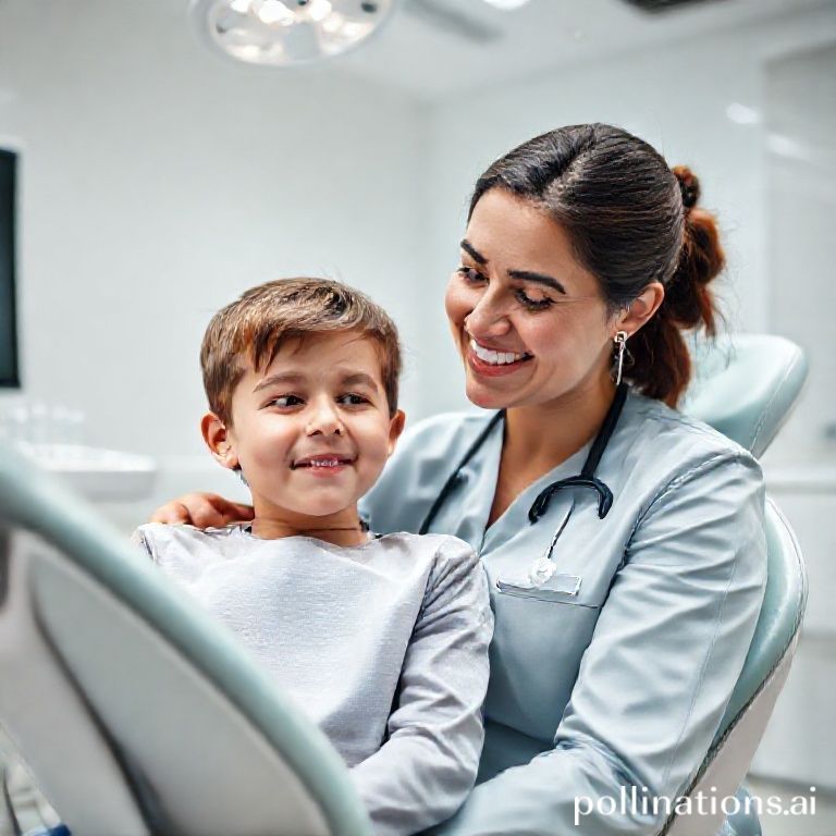 دكتورة ريم شهاب تريح طفلاً صغيراً في عيادة أسنان حديثة في القنفذة.